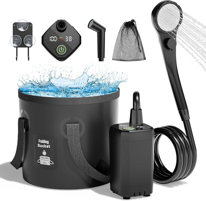 MORIKO Portable Camping Shower, 6000mAh Rechargeable Shower Pump, Filtered Shower Head & 5 Gallons Foldable Bucket, Outdoor Shower for Hiking Beach, Travel, Pet Bath, Car Washing, Surf & Boat Cleaning - Image 1